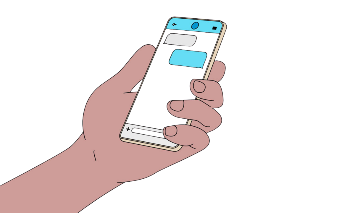 A picture of a hand holding a mobile phone with some message bubbles on the screen.